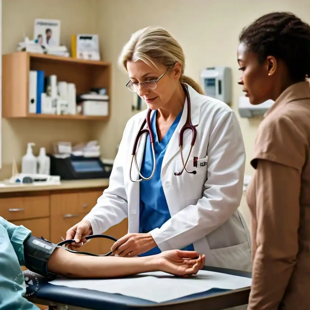 A doctor checking a patient's blood pressure during a visit focused on heart disease health.