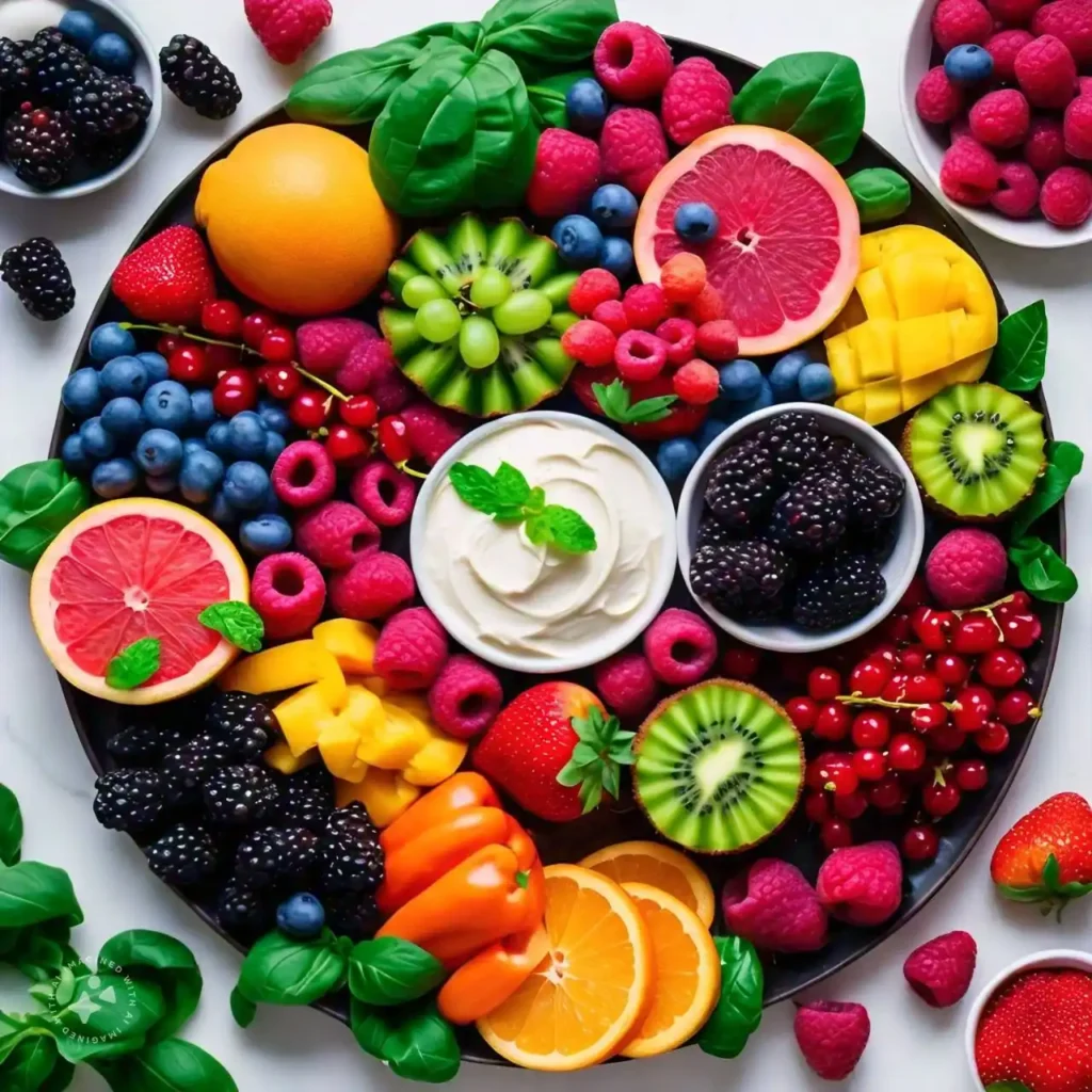 A plate filled with colorful fruits and vegetables promoting heart disease prevention.