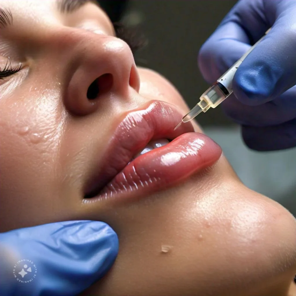 Patient getting dermal filler injections for fuller lips.