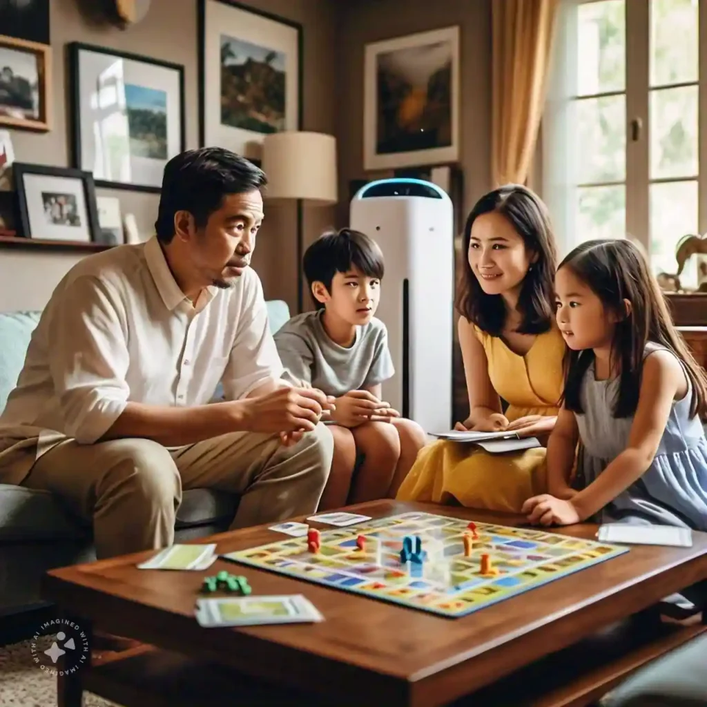 A family using an air purifier to clean the air in their home, emphasizing the importance of respiratory health in indoor environments.