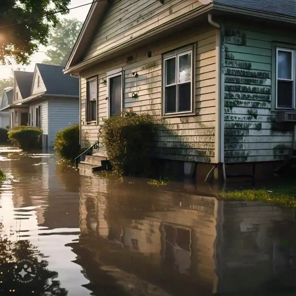 A flooded neighborhood with mold growth on house walls, representing post-flood respiratory health risks.