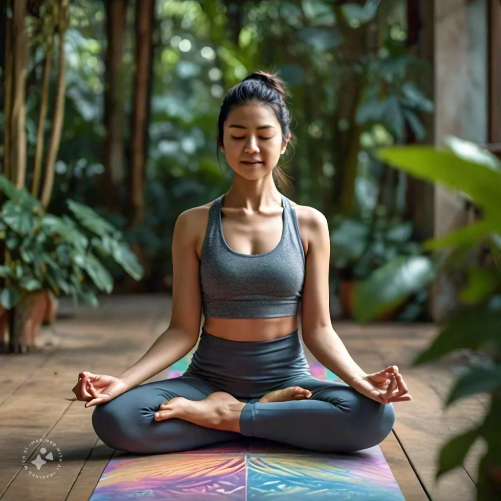 Person practicing yoga in a peaceful setting to manage stress related to rosacea.