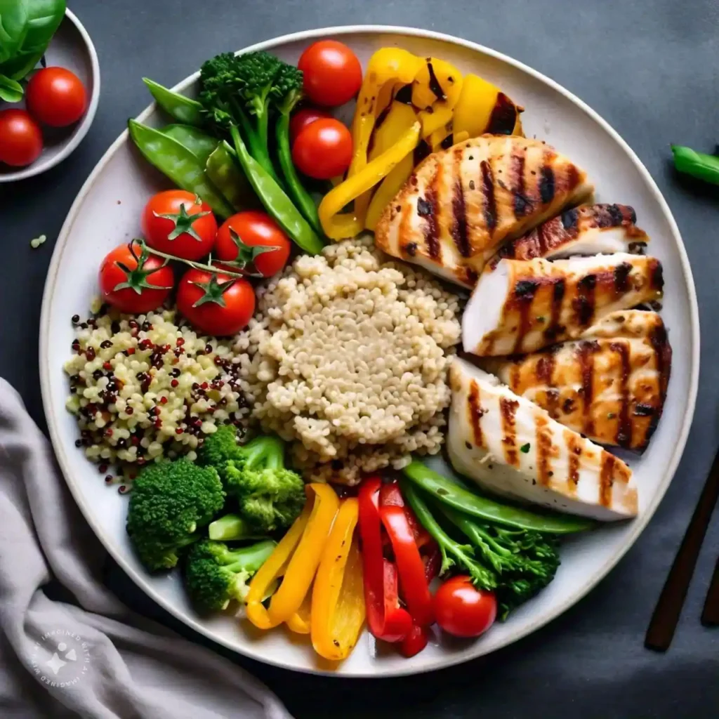 A plate of nutritious food with vegetables, proteins, and grains, representing the connection between a healthy diet and improved physical and mental health.