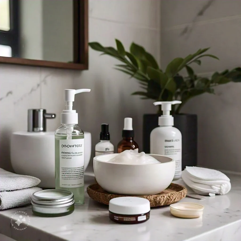 Gentle skincare products for managing rosacea displayed on a bathroom counter.