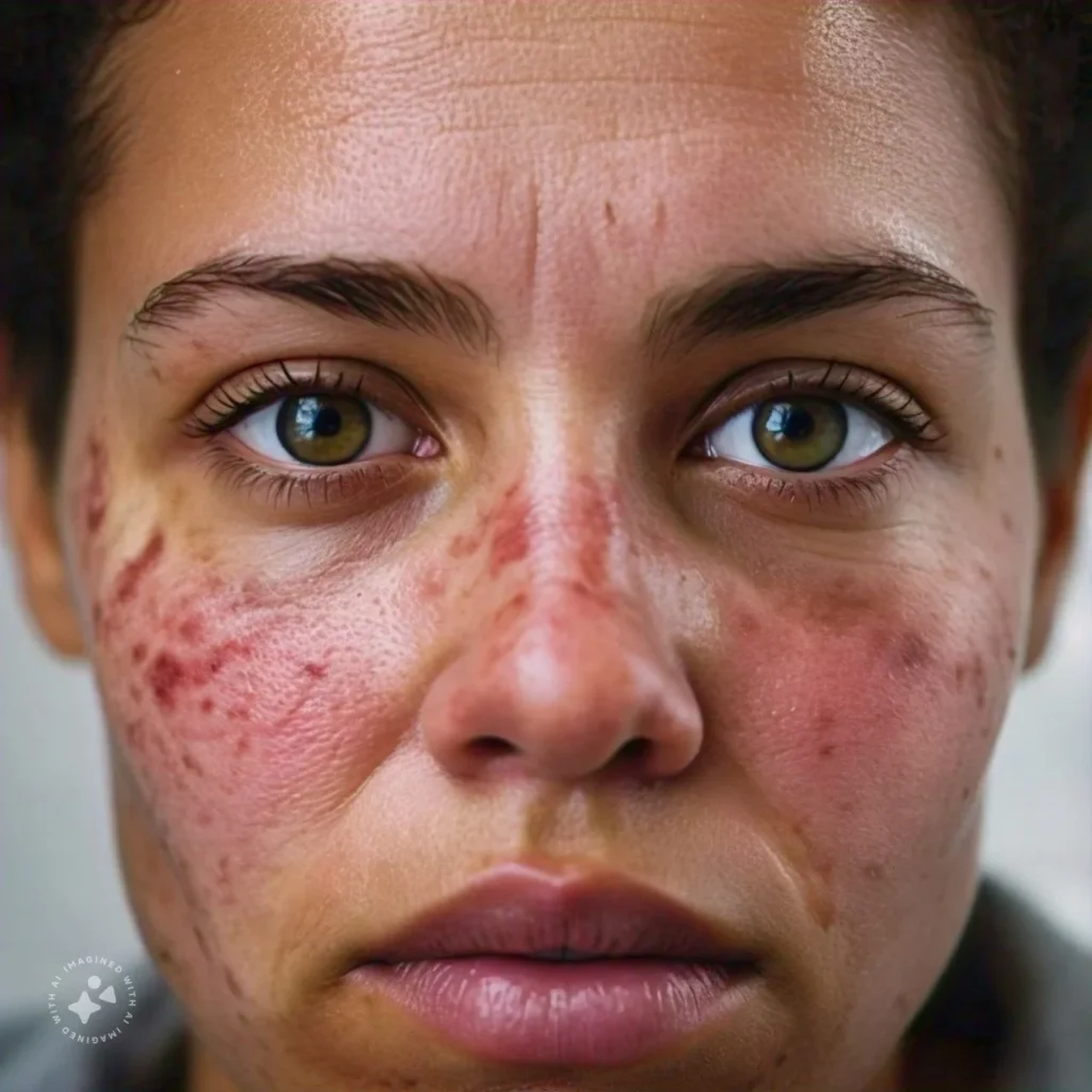 Close-up showing symptoms of rosacea with redness and visible blood vessels on the face