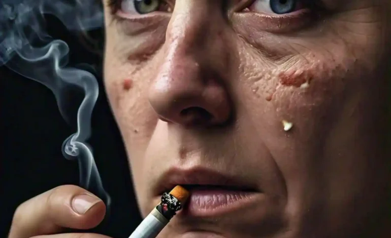 Illustration of a person smoking a cigarette, with smoke surrounding their face, and a close-up of an eye showing signs of irritation and damage from smoking.