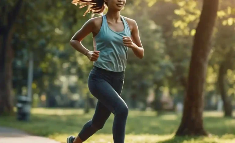 Person jogging in a sunny park, smiling and relaxed, showing the physical and mental health benefits of exercise.