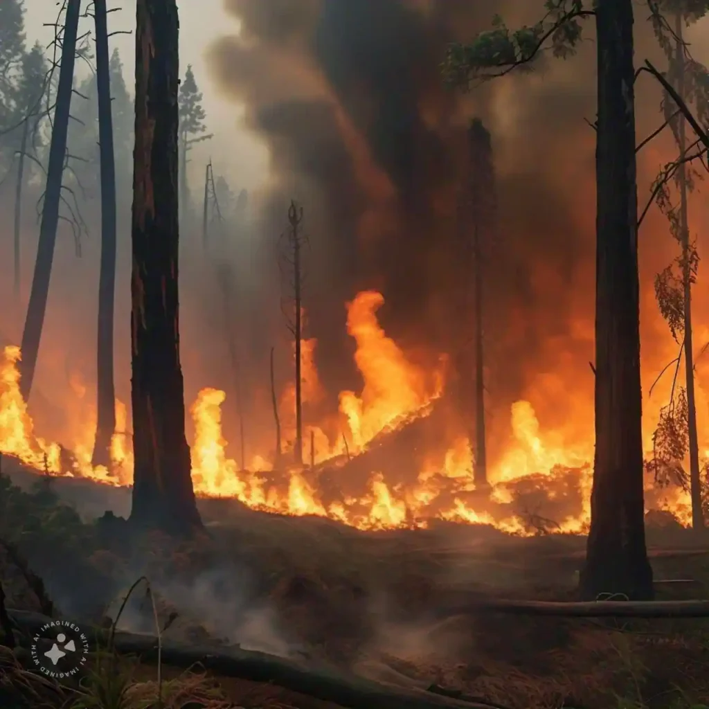 Smoke rising from a wildfire in a forest, darkening the sky.