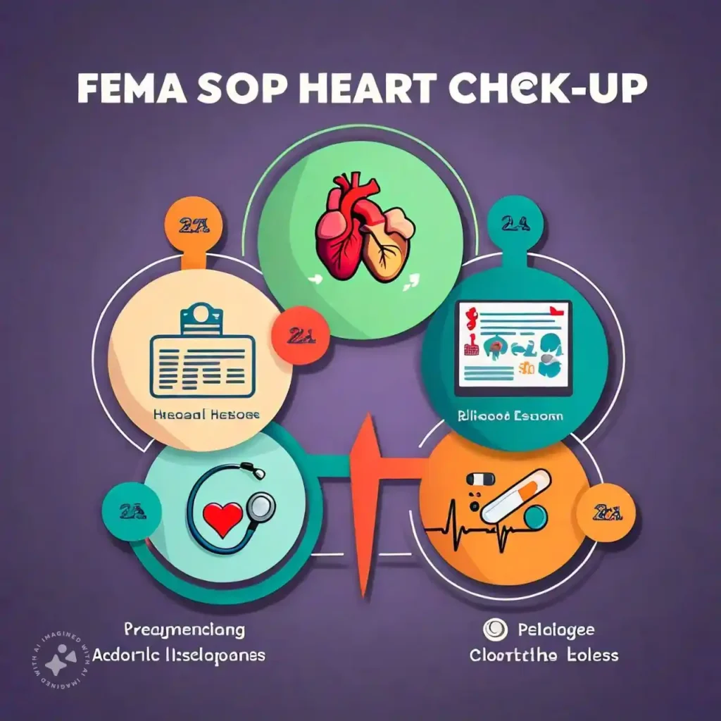 An infographic depicting the heart check-up process, highlighting key steps such as medical history review, physical exam, blood tests, and lifestyle assessments in a colorful design focused on heart check-ups.