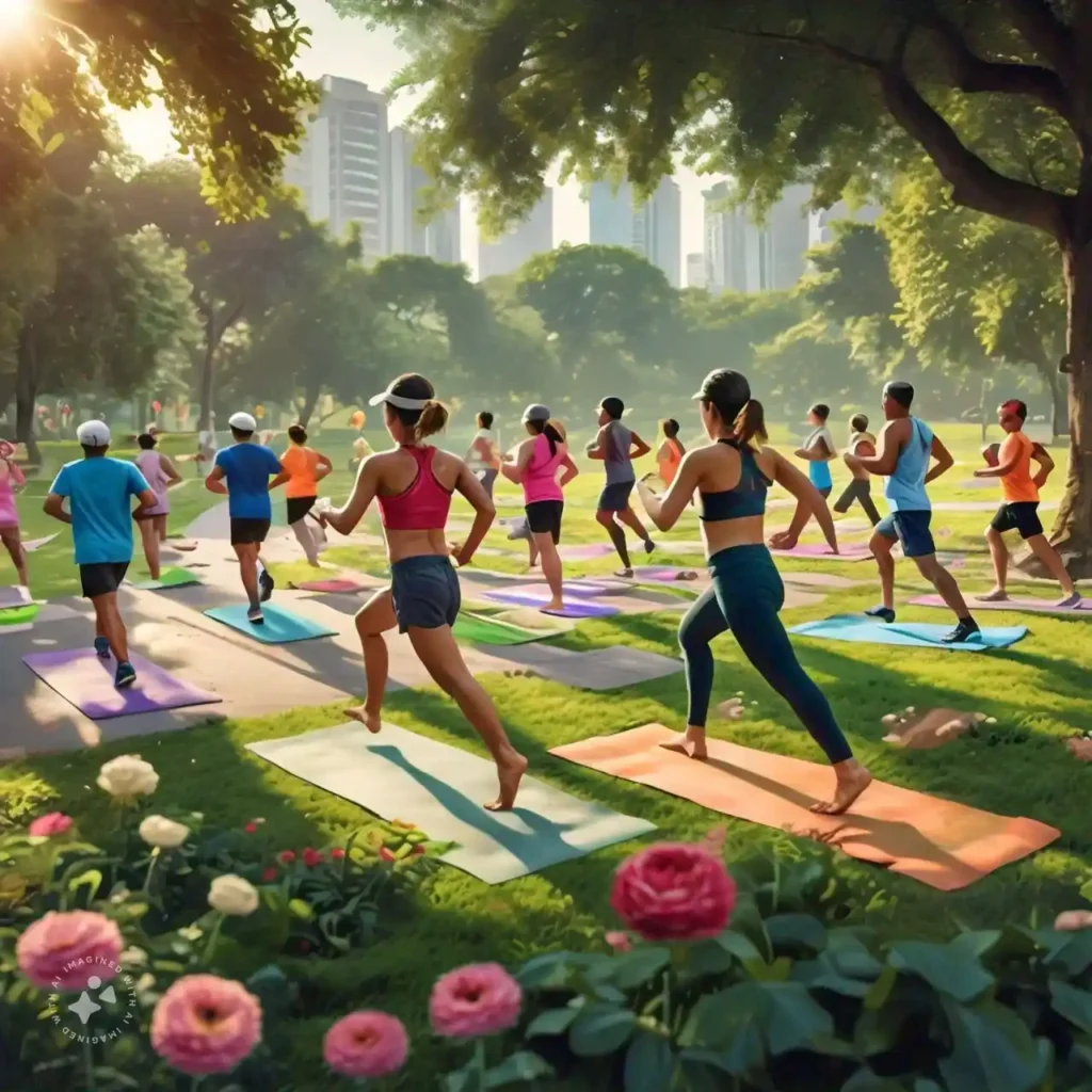  diverse group of individuals participating in various physical activities in a park, showcasing the importance of exercise for heart health and the role of heart check-ups in maintaining a healthy lifestyle.