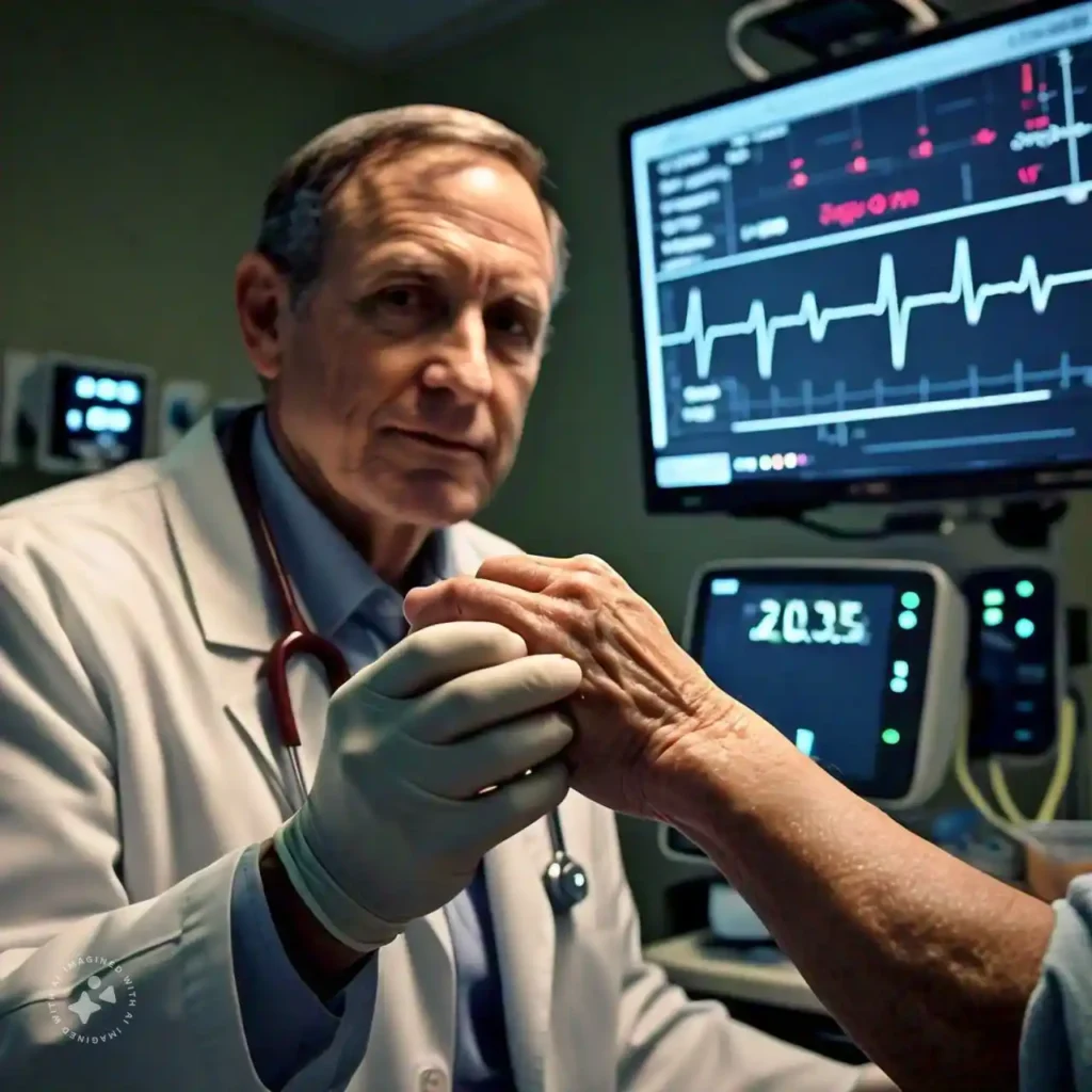 A close-up image of a doctor reassuring a patient during a heart check-up, symbolizing the trust and relationship built through regular heart check-ups, with heart monitoring equipment visible.