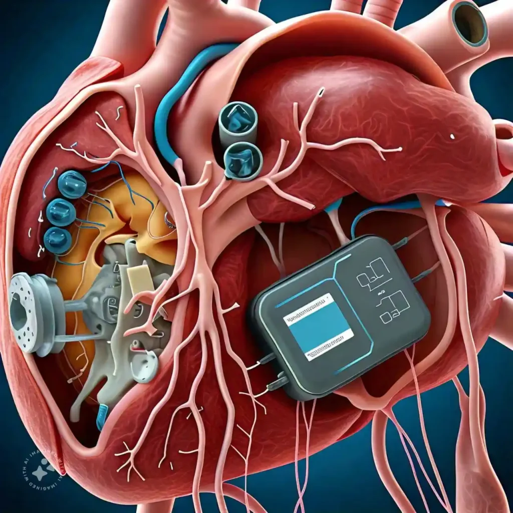 A detailed diagram of a heart with an implantable pacemaker, demonstrating how the device regulates heart rhythm using electric impulses to maintain a normal heartbeat.