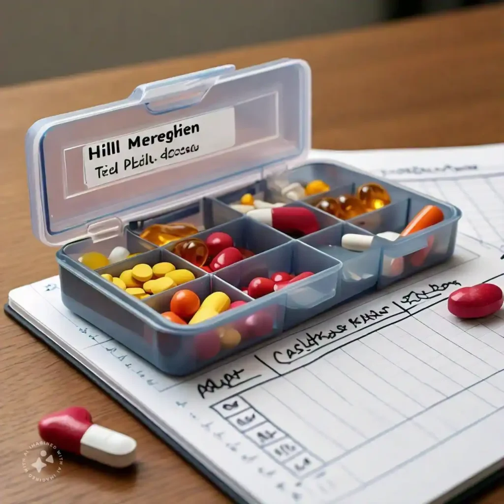 A pill organizer with heart disease medications and a notepad for tracking doses.