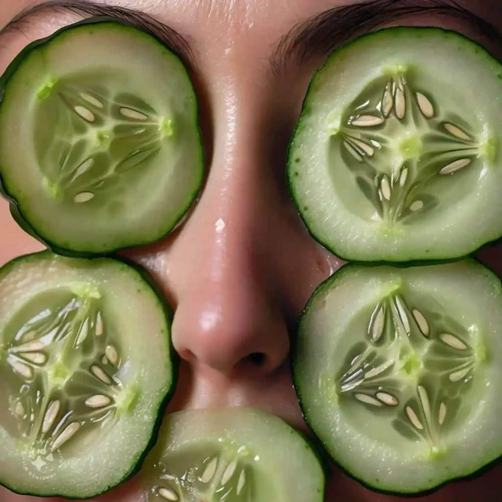 Cucumber slices as a natural remedy for skin to reduce dark circles and puffiness.