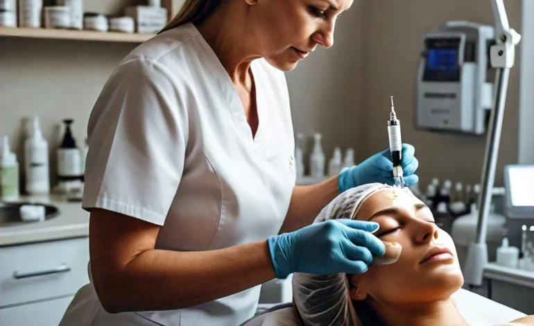 Skincare professional performing a microneedling procedure on a client’s face in a clean and modern treatment room, with a calm and professional atmosphere.