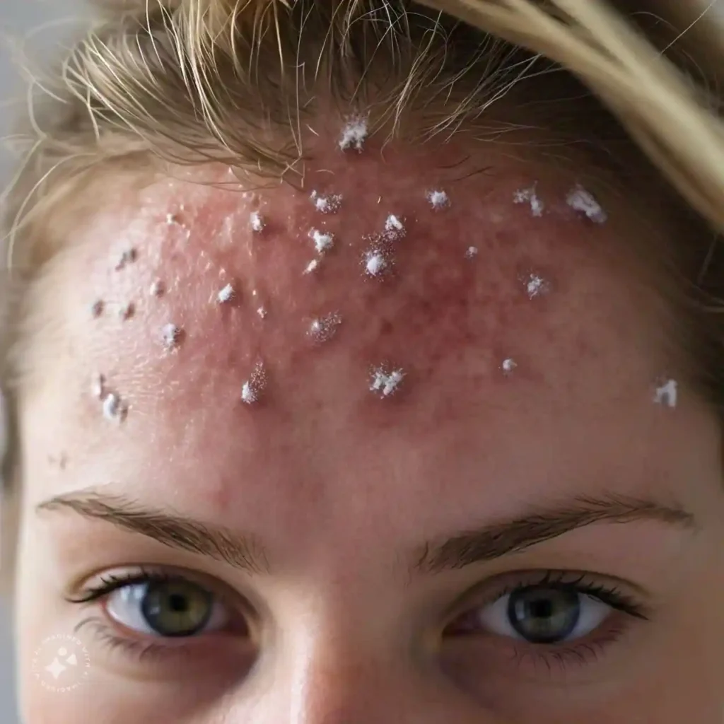 Scalp with white flakes and redness caused by seborrheic dermatitis.