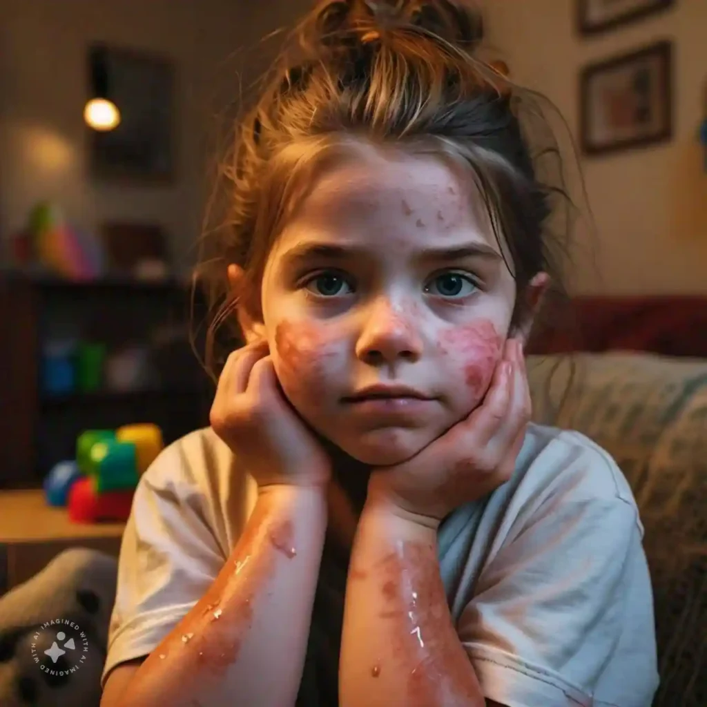 Child with eczema, showing dry and red patches on the skin.