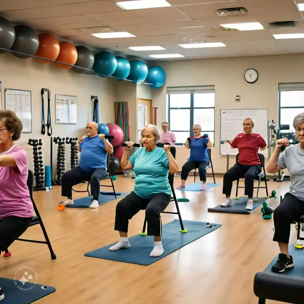 A group of patients engaged in a pulmonary rehabilitation class.