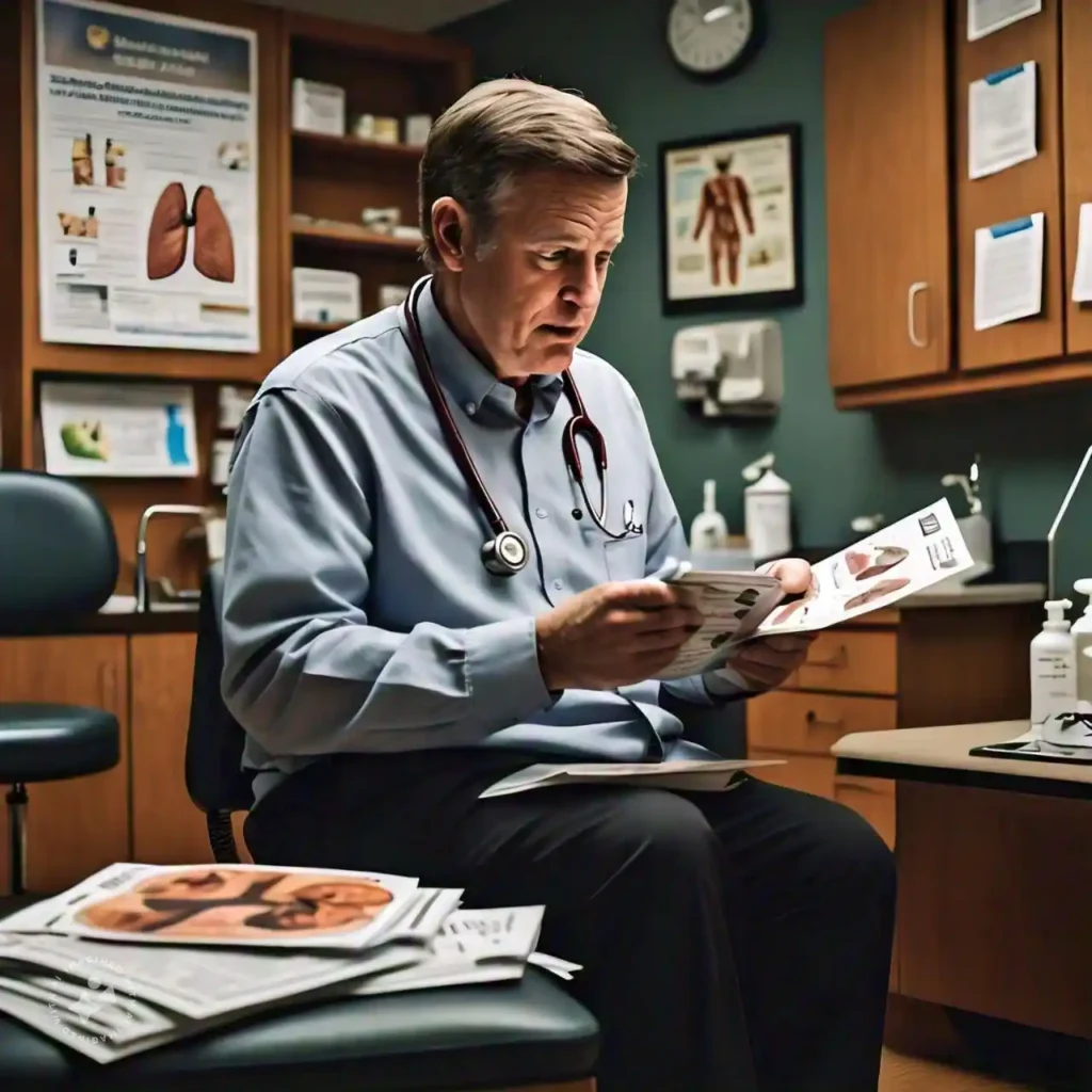 A patient reading educational materials about lung health during rehabilitation.