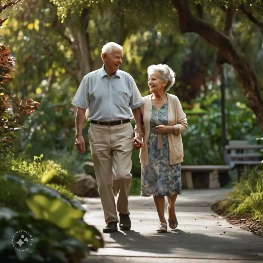 An elderly couple enjoying a walk outside, highlighting the benefits of pulmonary rehabilitation.