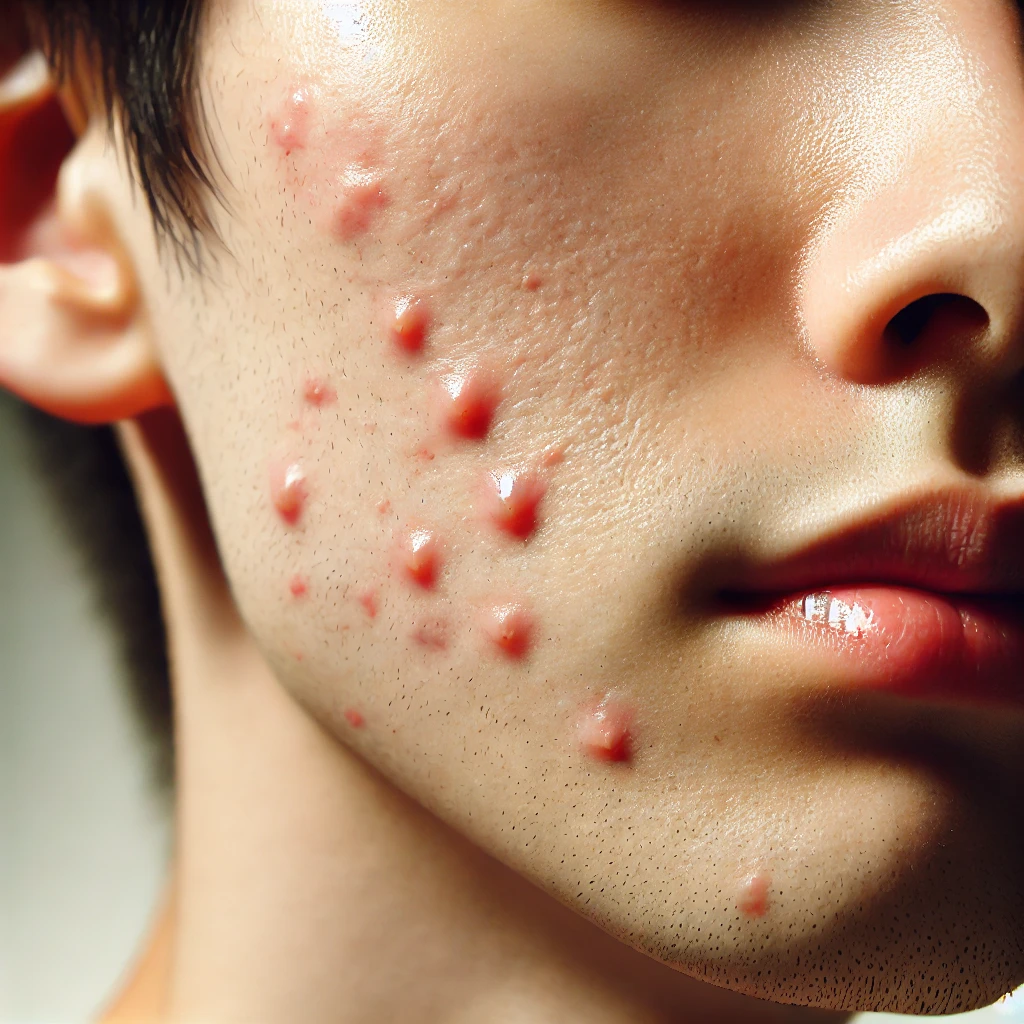 Acne breakouts caused by the impact of stress on skin, showing inflamed areas and blemishes.