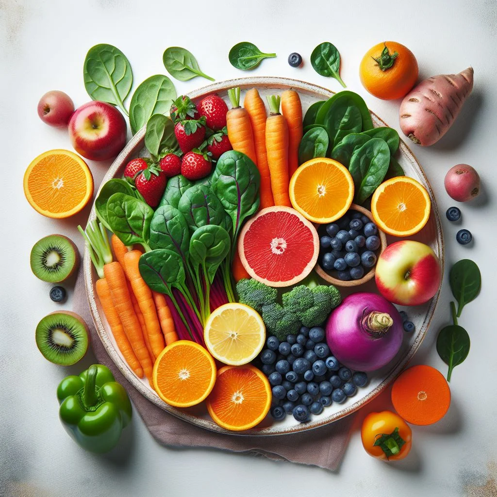 A vibrant plate filled with fruits and vegetables known to support eye care and health.