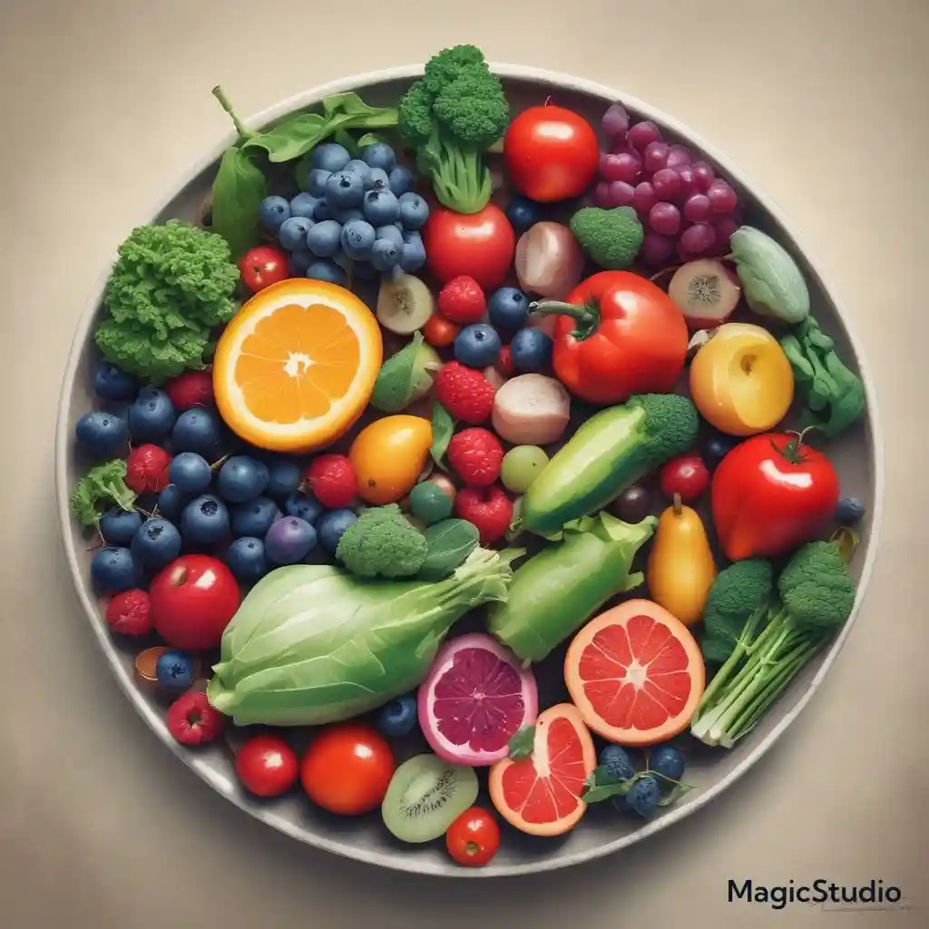 "A vibrant plate of nutritious fruits and vegetables."