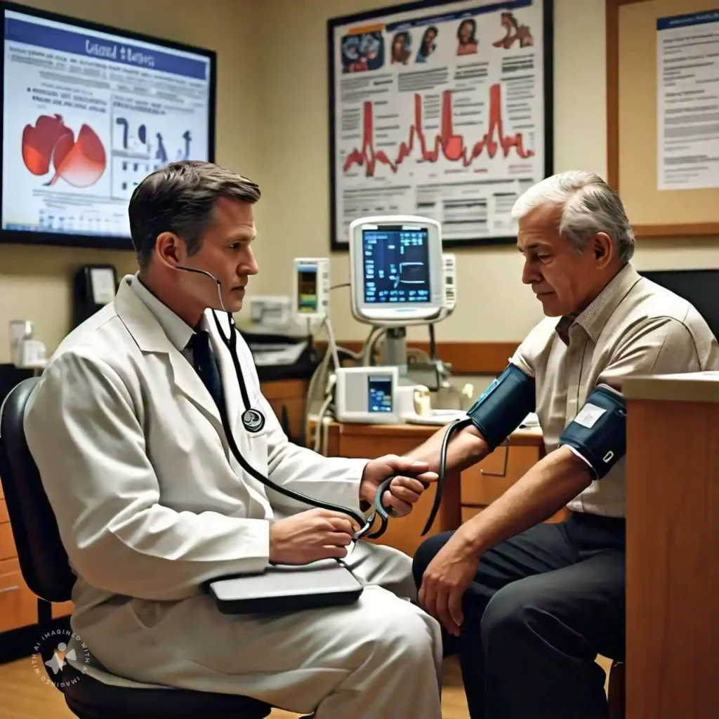 A doctor checks a patient's blood pressure in a clinical setting with a hypertension poster in the background.