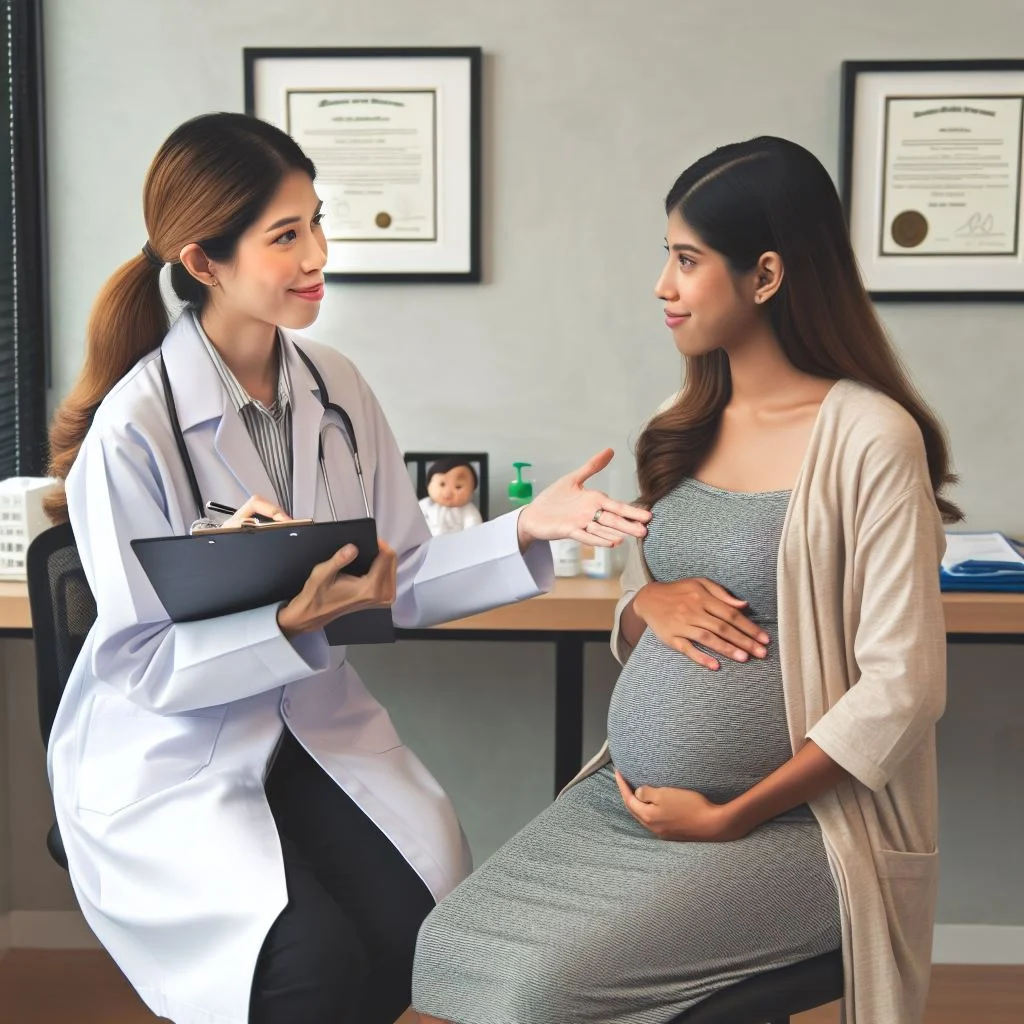 A doctor discussing skin issues with a pregnant woman during a consultation, highlighting when to seek medical advice for skin conditions during pregnancy.