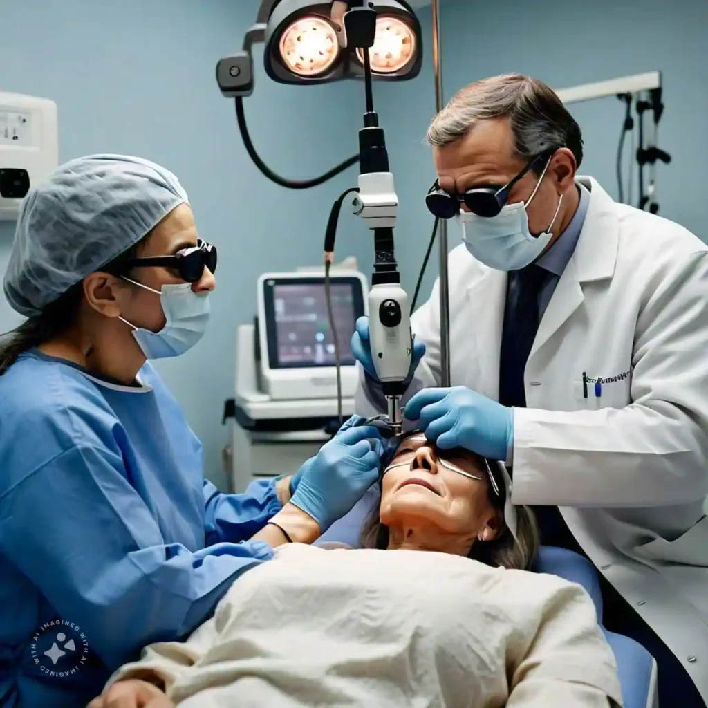 Doctor performing laser treatment for diabetic retinopathy in a clinic.