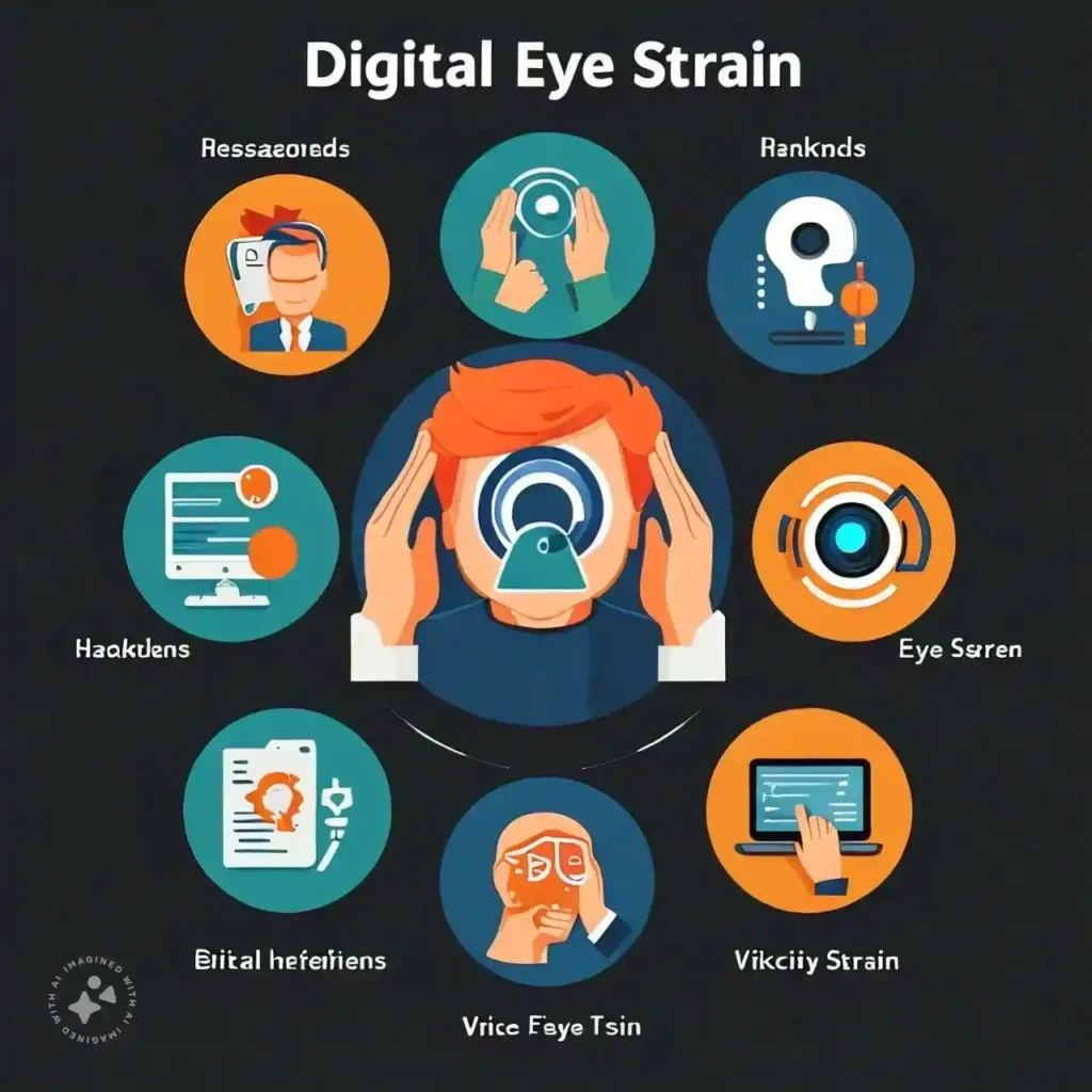  Common symptoms of digital eye strain, including headaches and blurred vision.