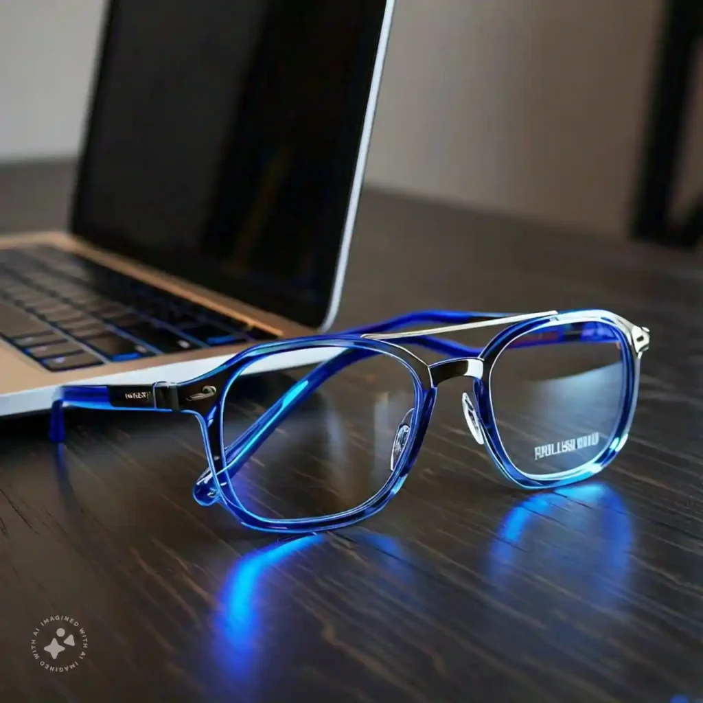 Blue light glasses on a table beside a laptop.