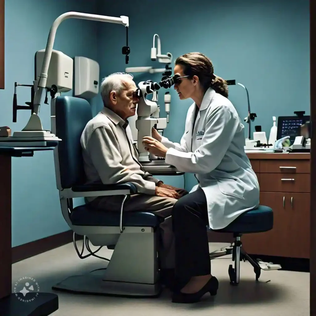 Patient having an eye exam to check for diabetic retinopathy.