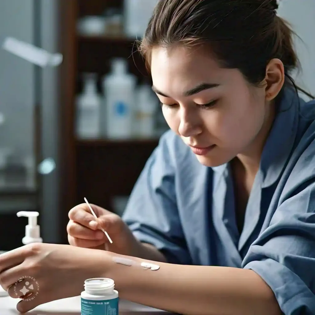 Person doing a patch test for sensitive skin with a new product.