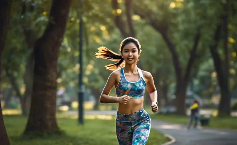 A person jogging in a park, enjoying the benefits of exercise for mental health, surrounded by nature and sunlight.