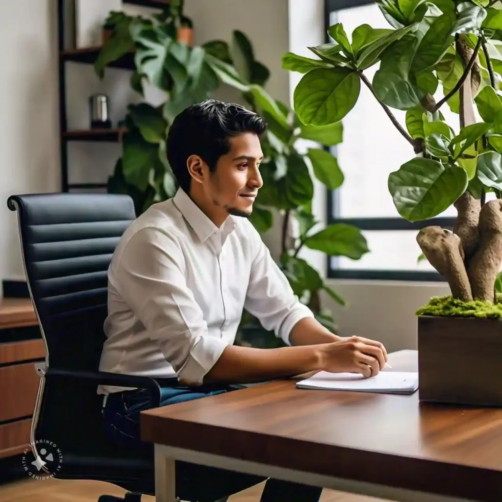 Person taking a break from the computer to look at a plant.