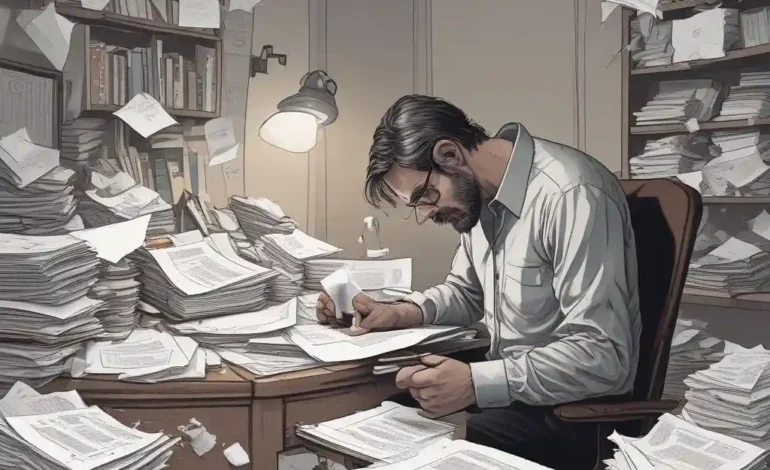 "Person feeling overwhelmed at their desk with scattered papers."