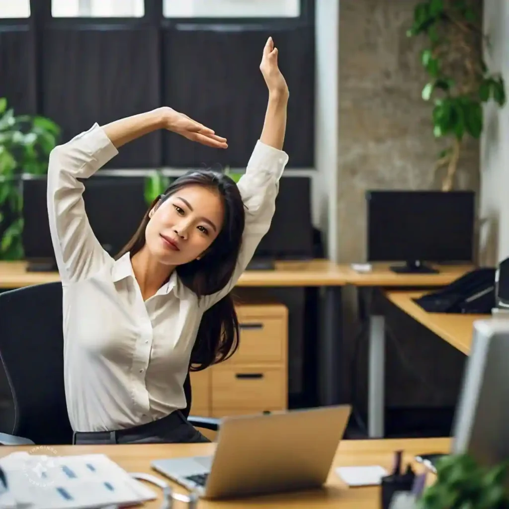 Person stretching at their desk during a break.