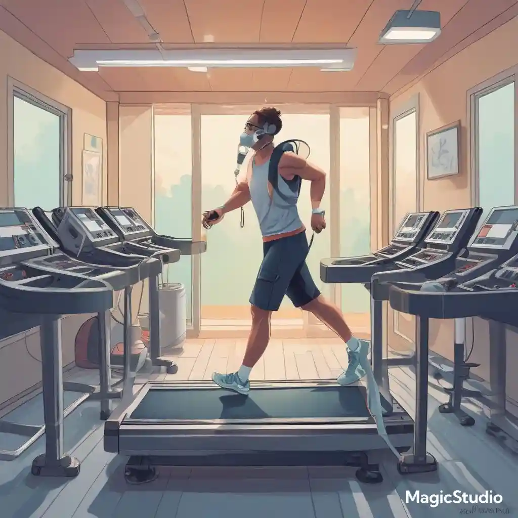  A COPD patient walking on a treadmill during therapy