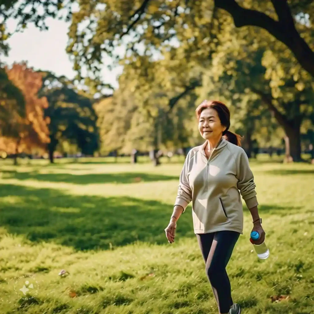 A person walking outdoors in a green park, demonstrating exercise as a way to manage hypertension.