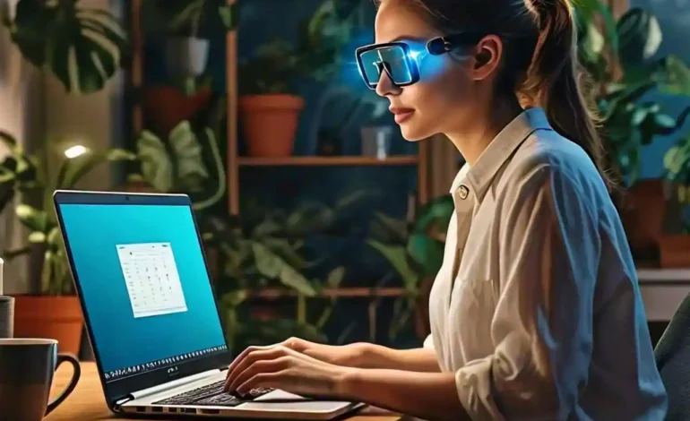 A person wearing blue light blocking glasses works on a laptop in a cozy home office, surrounded by plants and a warm cup of coffee, illustrating ways to protect eyes from blue light exposure.