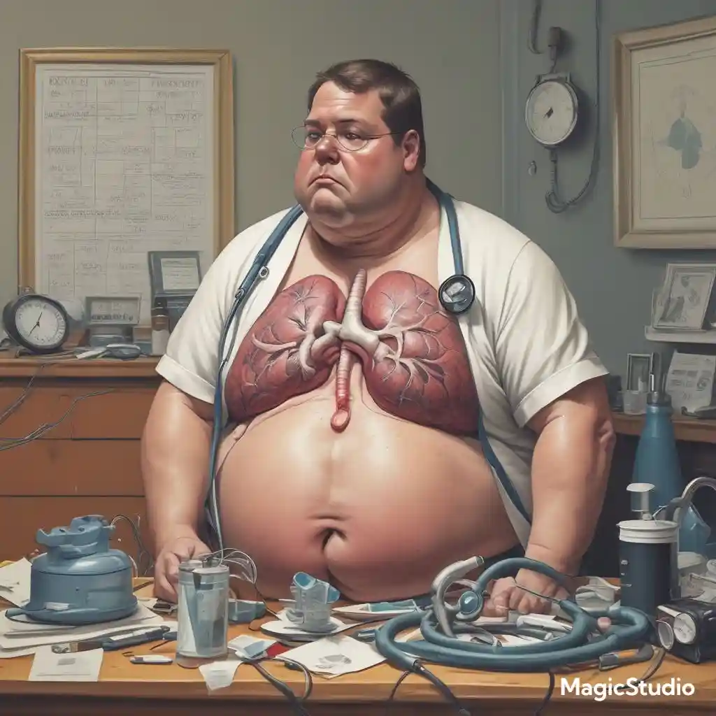 Person with obesity experiencing breathing difficulty, with lungs and stethoscope in the background