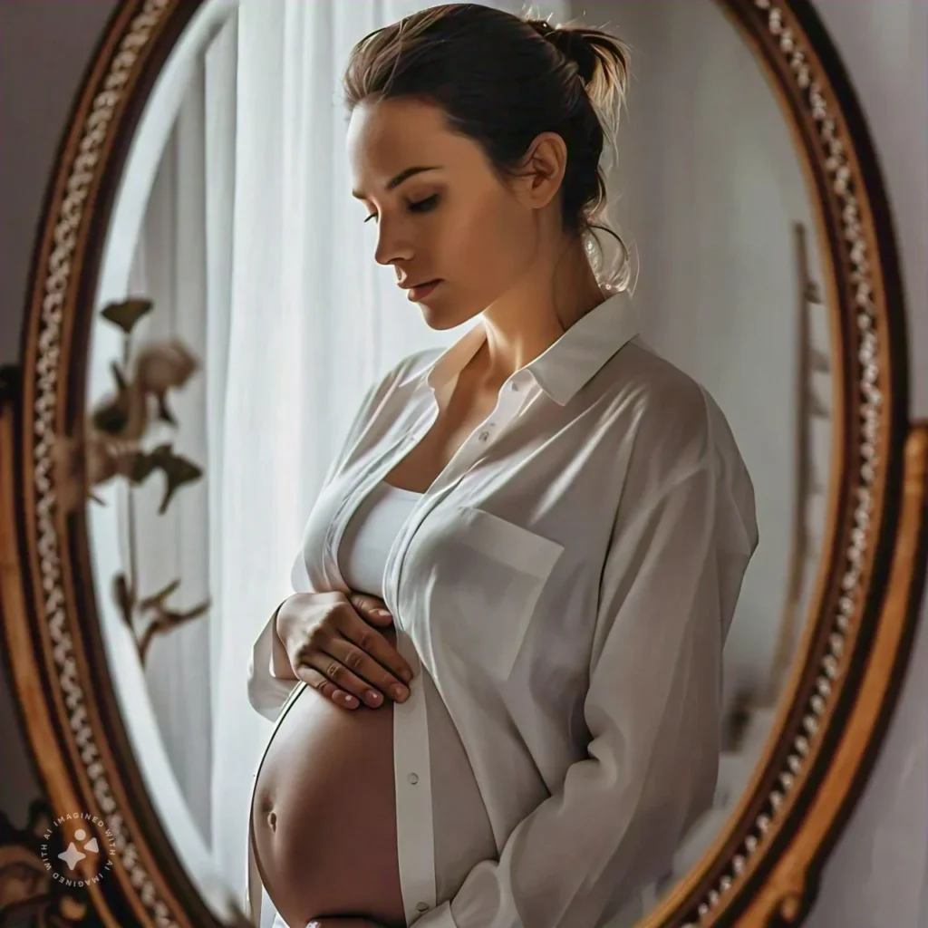 A pregnant woman examining her skin in a mirror, showing common skin changes such as stretch marks, acne, and dark patches.