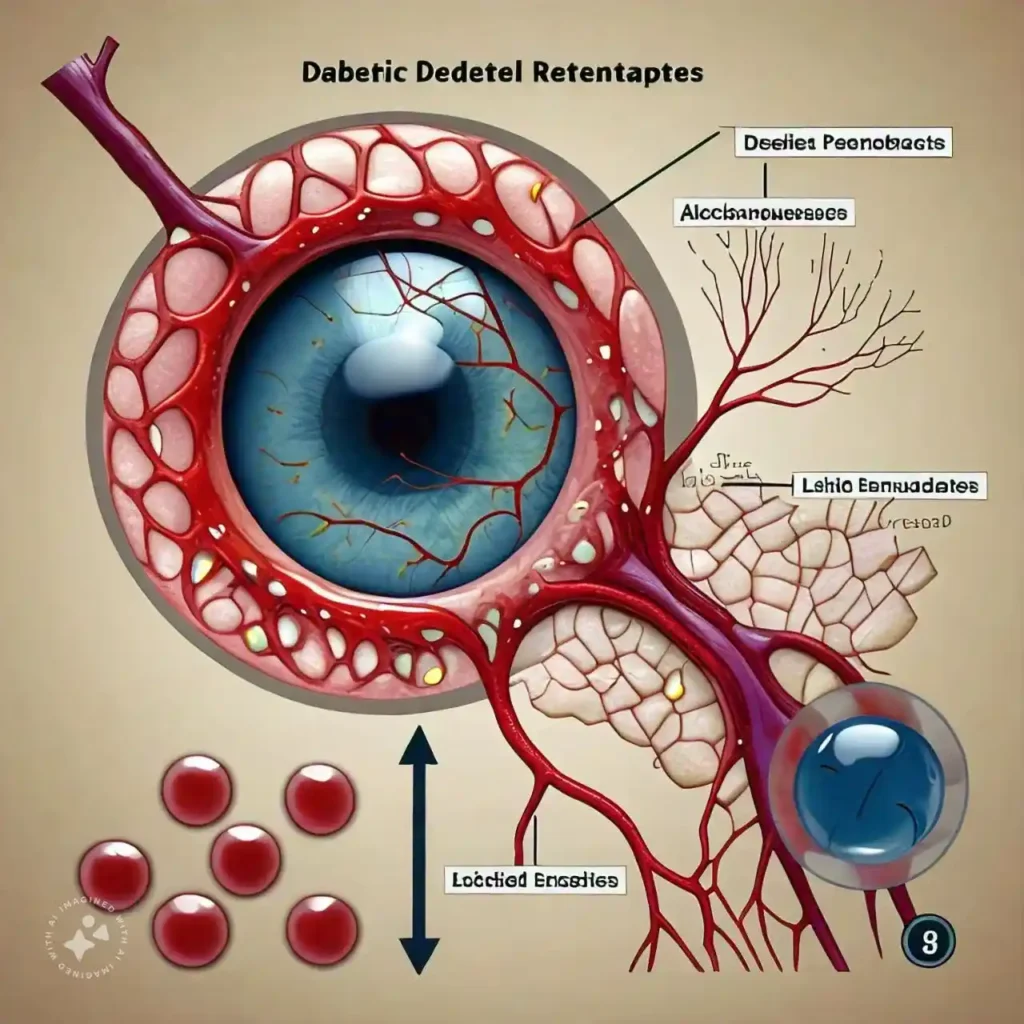 Diagram of how diabetic retinopathy damages blood vessels in the retina.