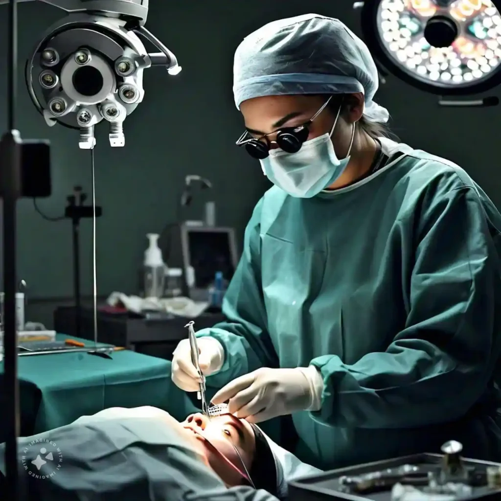 Surgeon conducting cataract surgery using phacoemulsification.