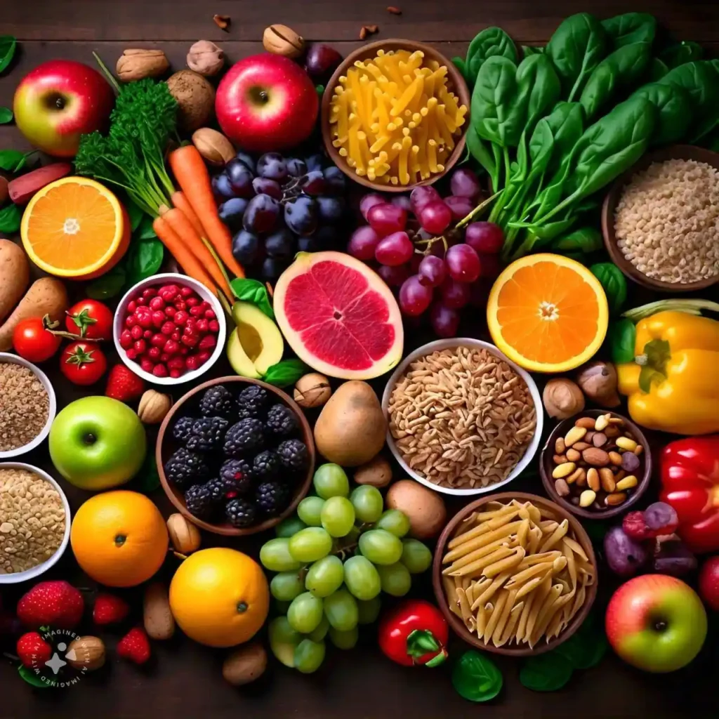 A table filled with fruits, vegetables, and whole grains representing a heart-healthy diet for hypertension management.