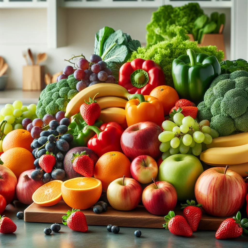 Colorful fruits and vegetables for eye health.