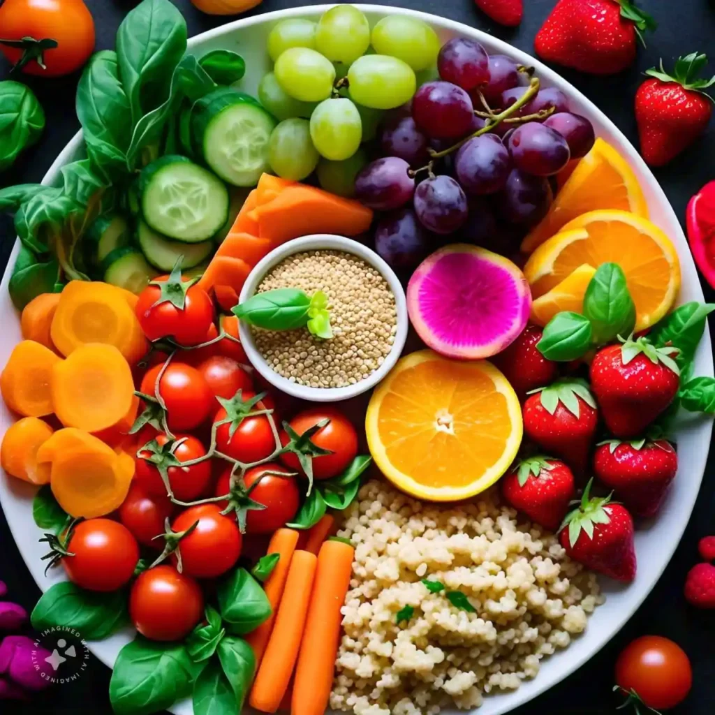 A colorful plate filled with fruits, vegetables, and whole grains.