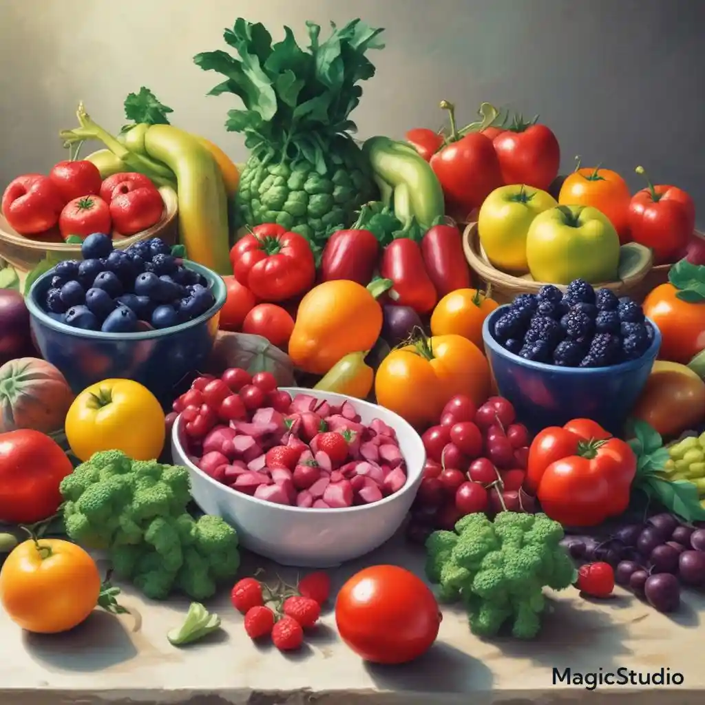 A colorful assortment of fresh fruits and vegetables on a table, highlighting nutritional benefits.