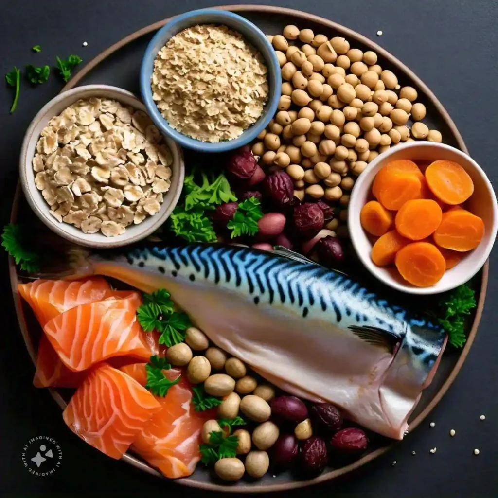 A variety of foods like oats, beans, and fatty fish that help lower cholesterol.